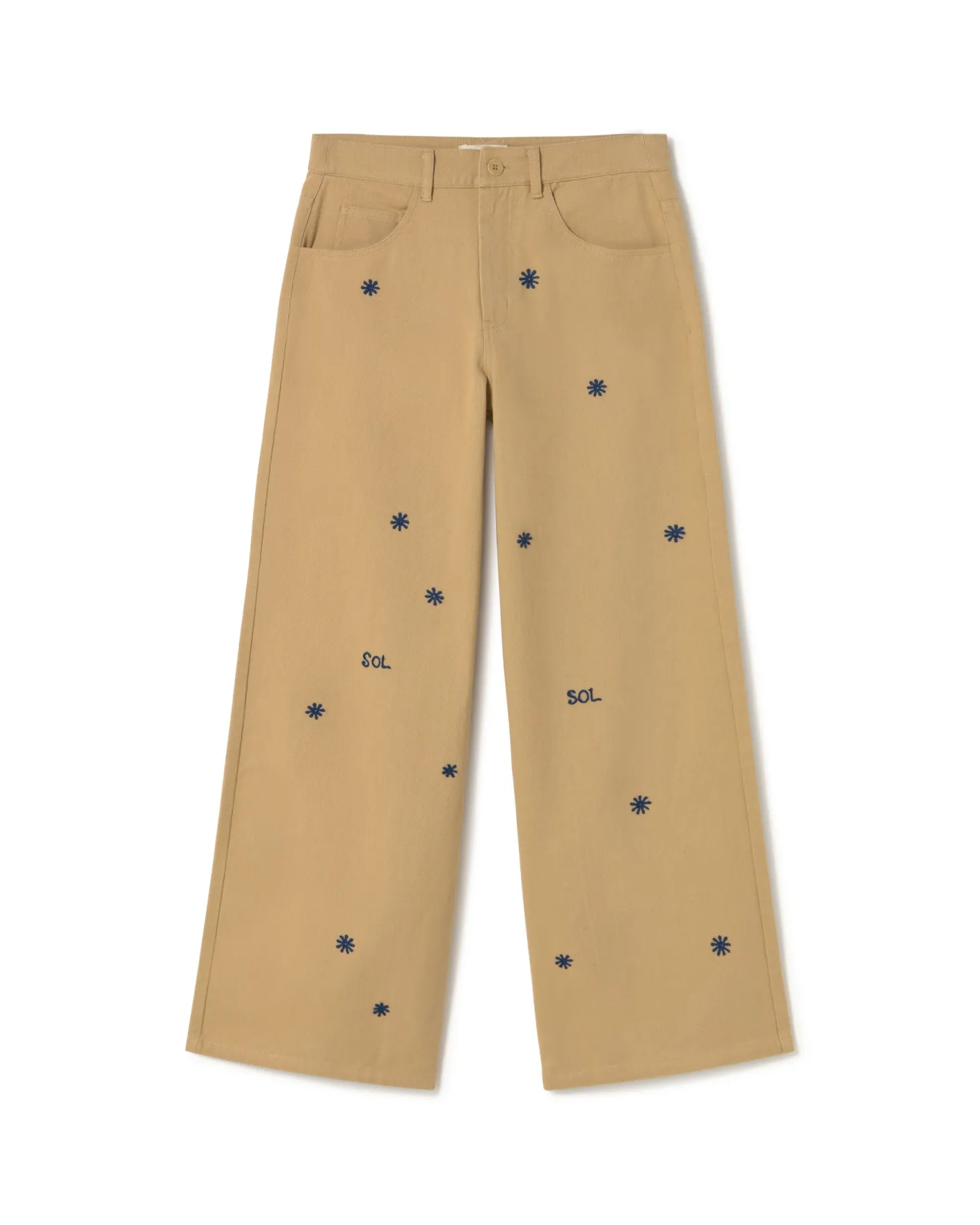 Pantalón wide leg camel bordado a mano Hedda