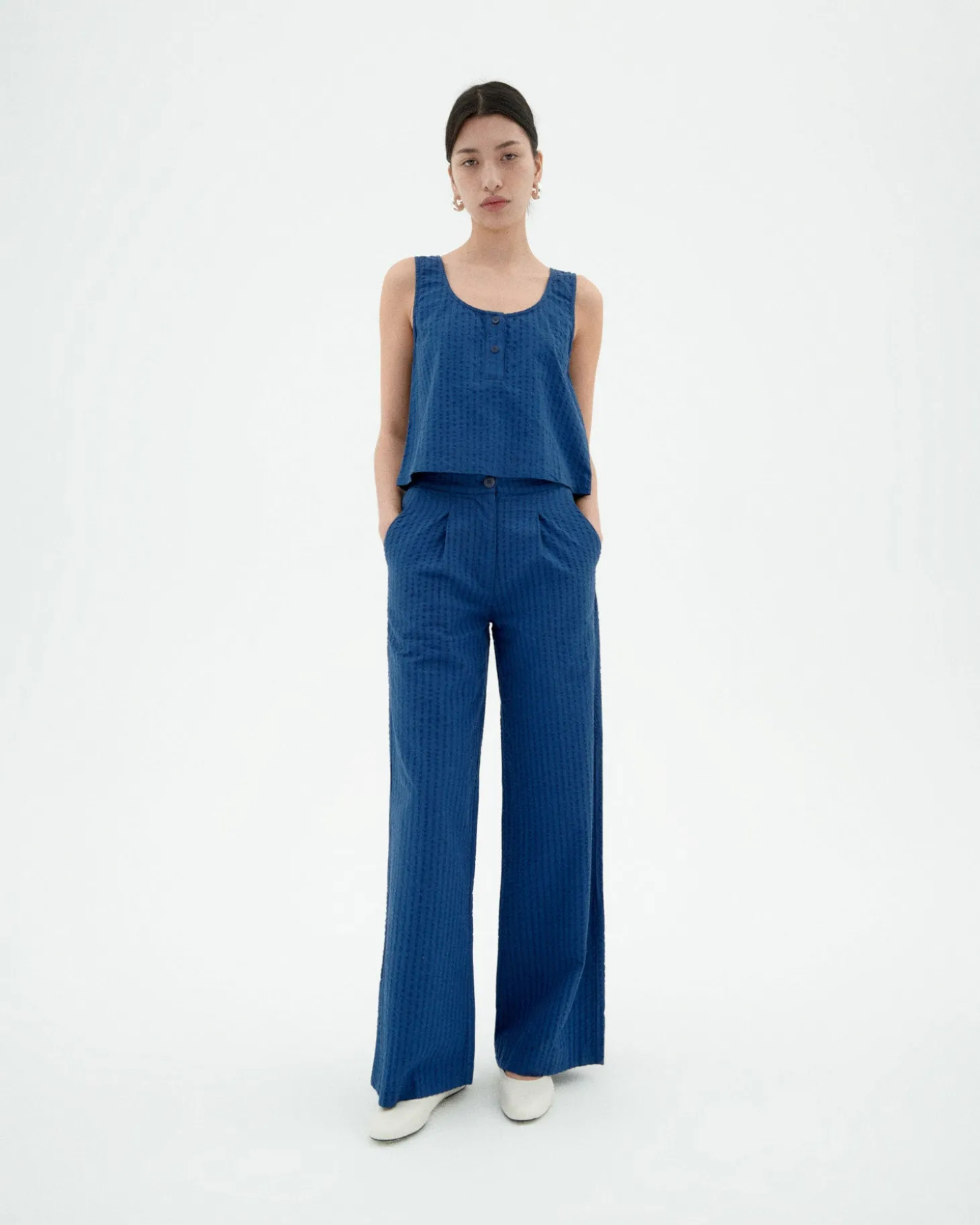 Pantalón wide leg seersucker azul Manolita